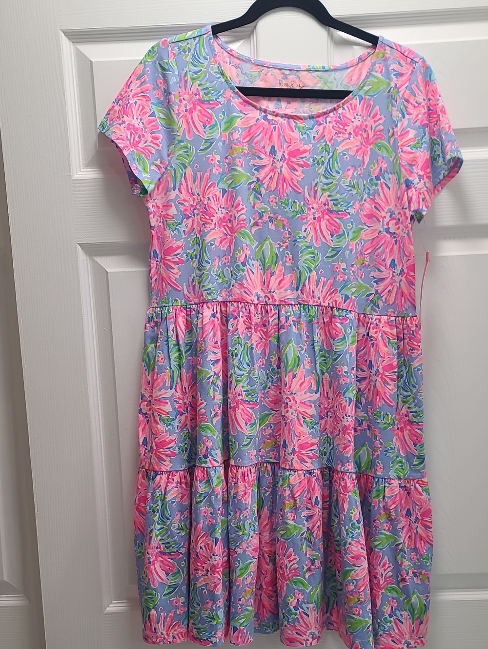 NWT Lilly Pulitzer Floral Tiered Dress in Pink Blue Green Sz L Short Sleevess